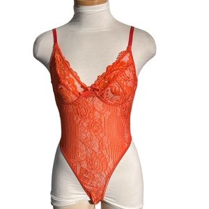 Red Lace Semi Sheer Bodysuit with Open Back Size Medium